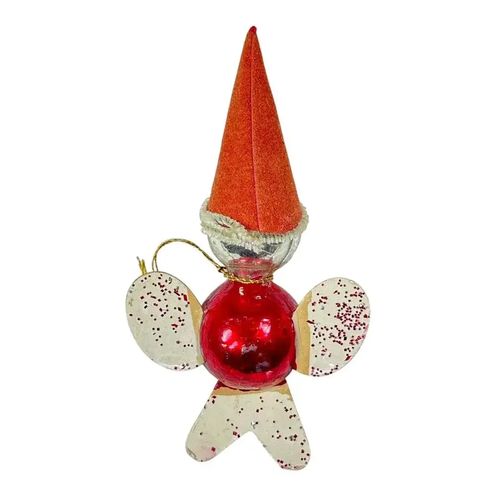 Vintage 40s Mercury Glass Bird Christmas Ornament Cardboard Wings & Flocked Hat